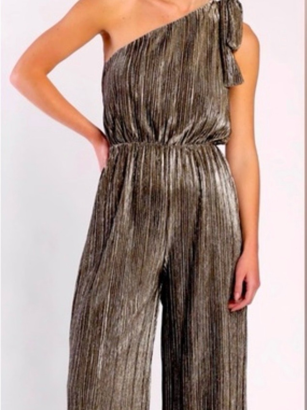 NWT 1. State Metallic Pleated Wide-Leg Jumpsuit in Black and Silver